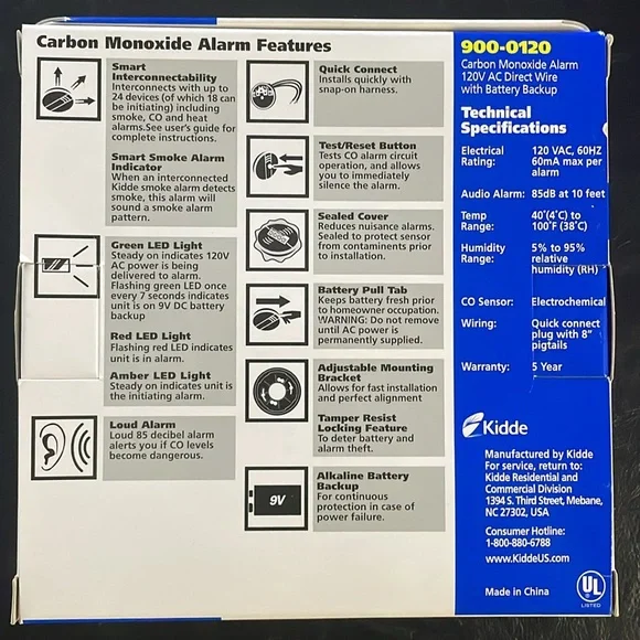 NIB Kidde Carbon Monoxide Alarm 12V AC Direct Wire with Battery Backup Unopened - Picture 4 of 9